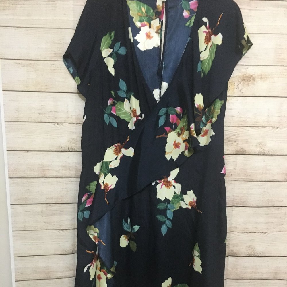 RACHEL Rachel Roy Dress Floral Ruffled Wrapped Midi Pocket Lined Black Size 2X - Picture 5 of 10